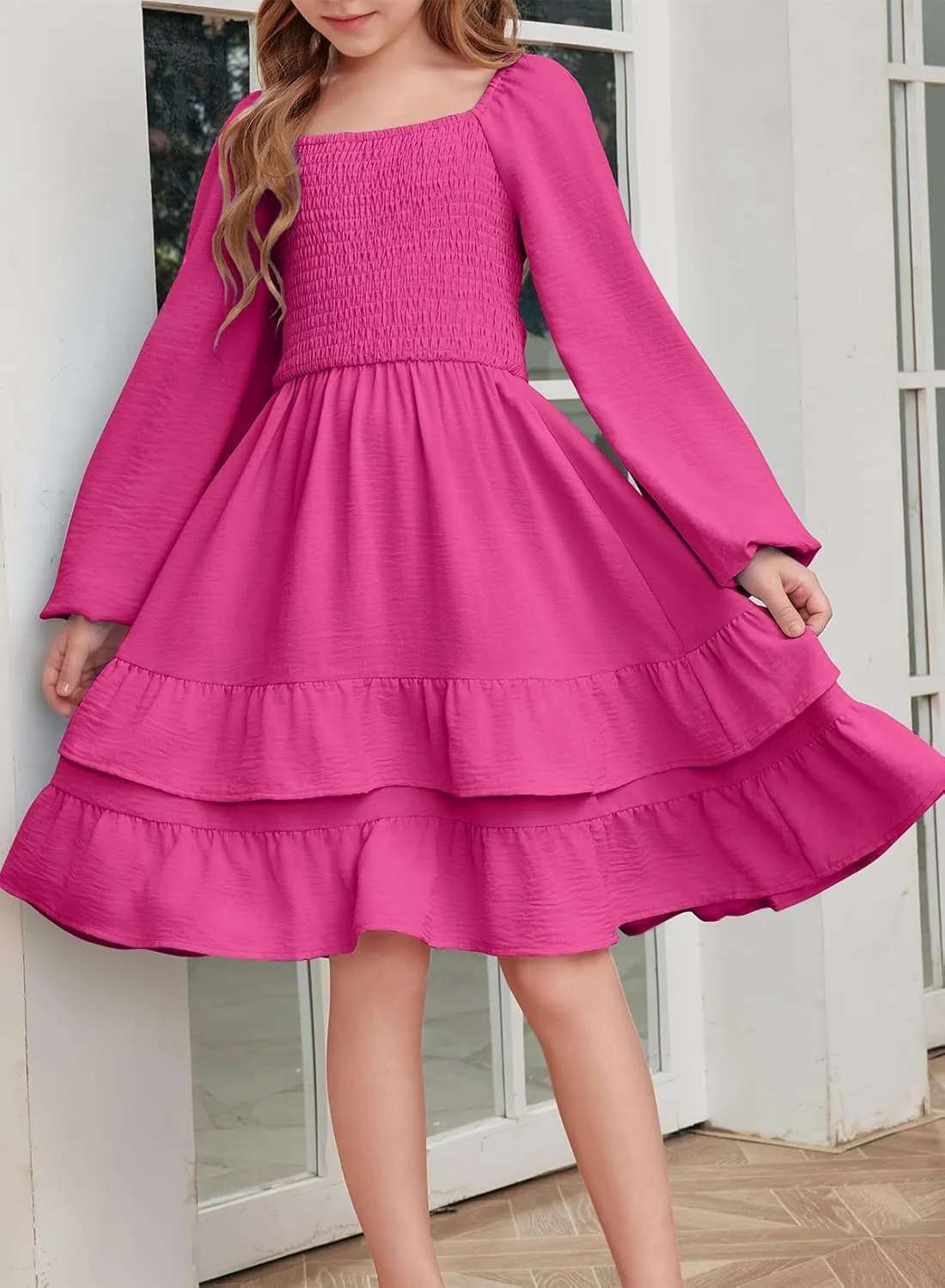 blibean Girls Long Sleeve Dress Tween Fall Tie Back Dress Size 6-15 Years