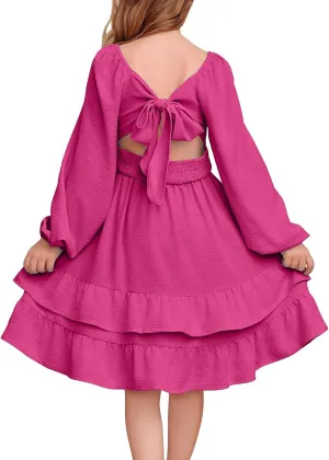 blibean Girls Long Sleeve Dress Tween Fall Tie Back Dress Size 6-15 Years