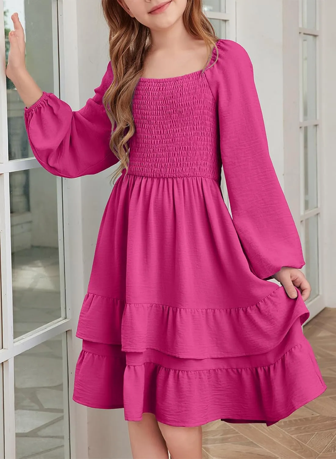 blibean Girls Long Sleeve Dress Tween Fall Tie Back Dress Size 6-15 Years