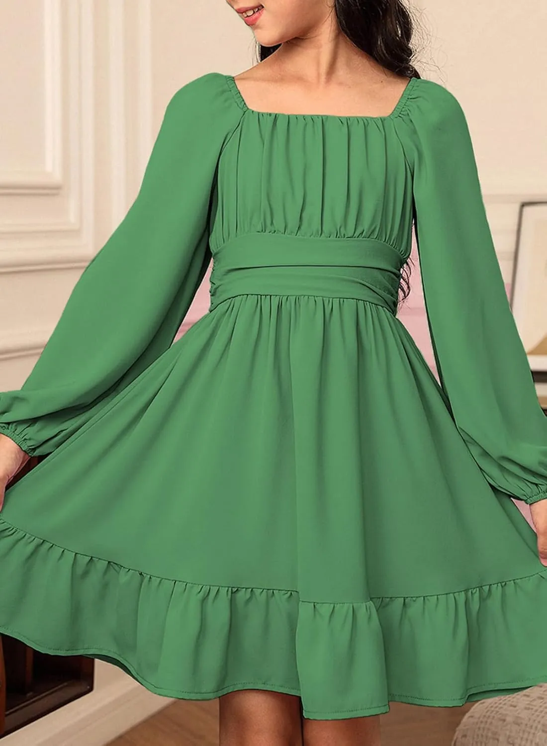 blibean Girls Long Sleeve Tie Back Dress Tween Fall Off Shoulder Dress Size 6-15 Years