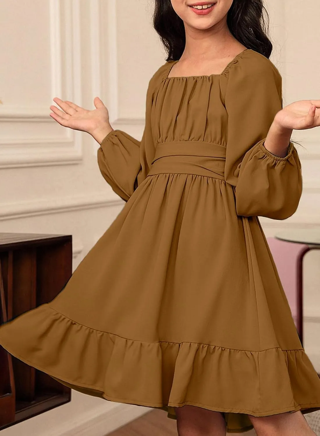 blibean Girls Long Sleeve Tie Back Dress Tween Fall Off Shoulder Dress Size 6-15 Years
