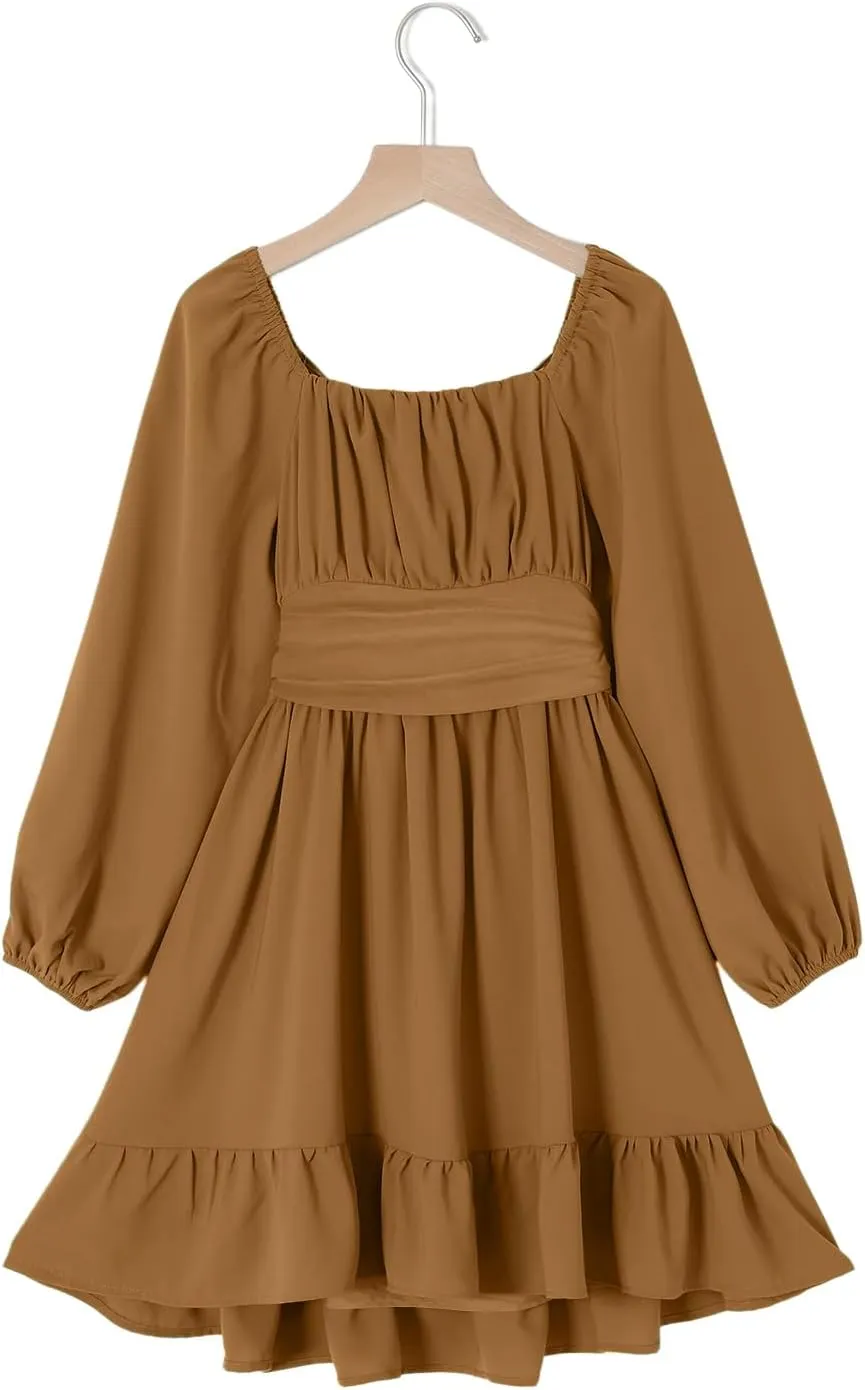 blibean Girls Long Sleeve Tie Back Dress Tween Fall Off Shoulder Dress Size 6-15 Years