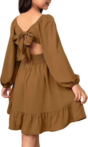blibean Girls Long Sleeve Tie Back Dress Tween Fall Off Shoulder Dress Size 6-15 Years