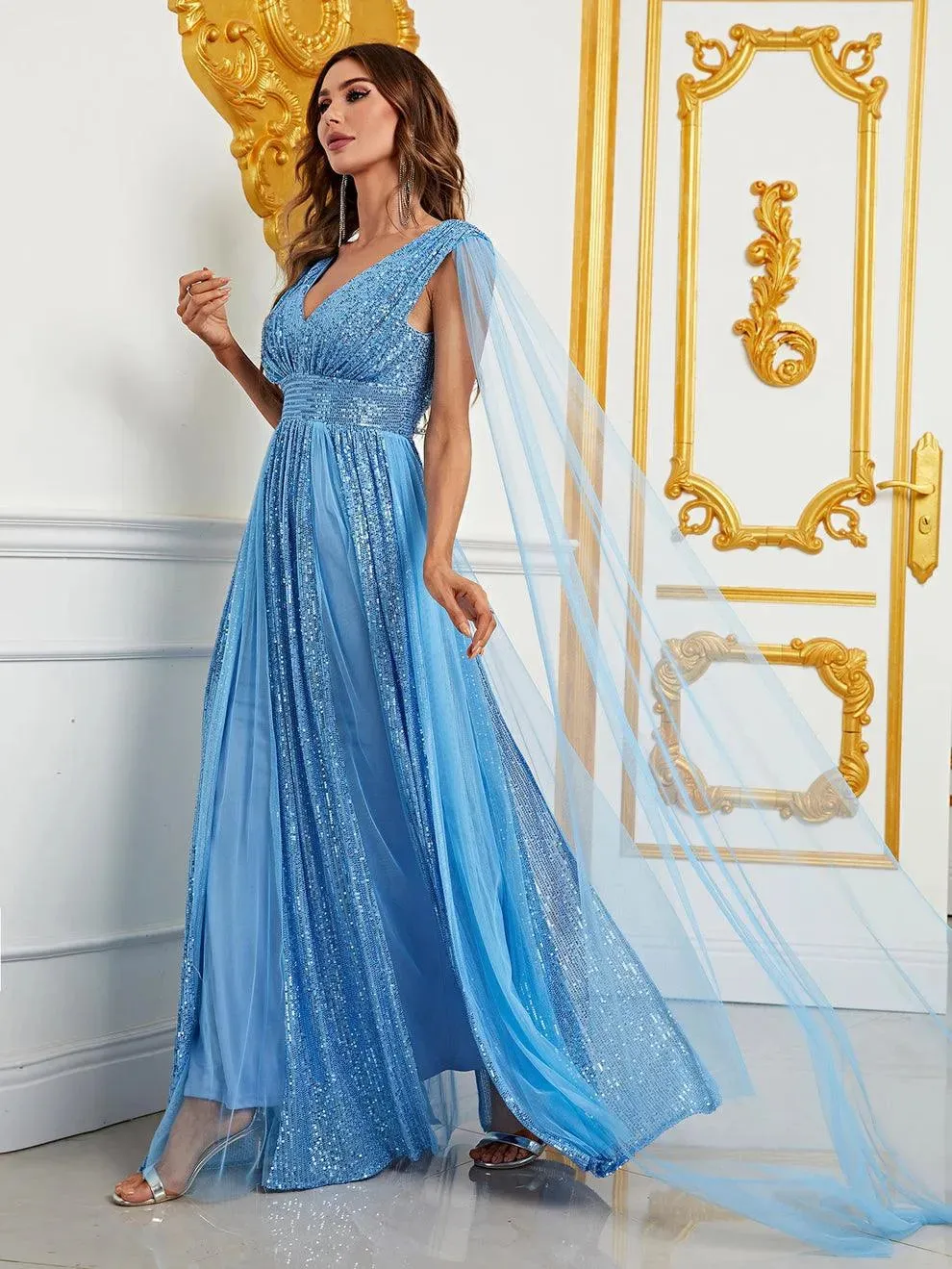 Contrast Mesh Sequin A Line Dresses