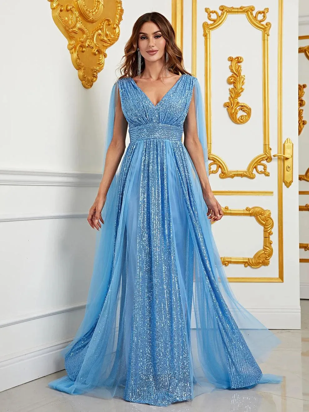 Contrast Mesh Sequin A Line Dresses