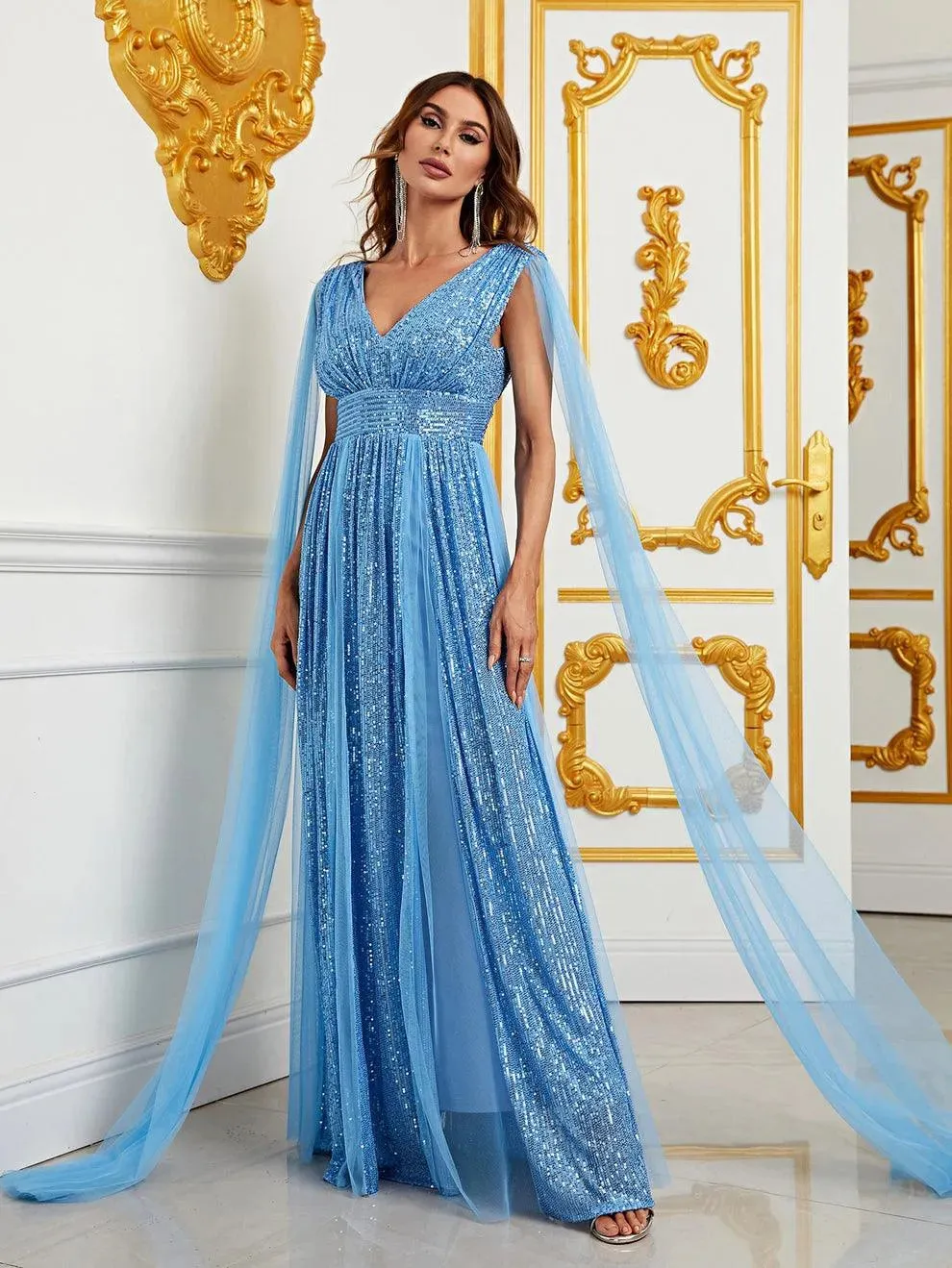 Contrast Mesh Sequin A Line Dresses