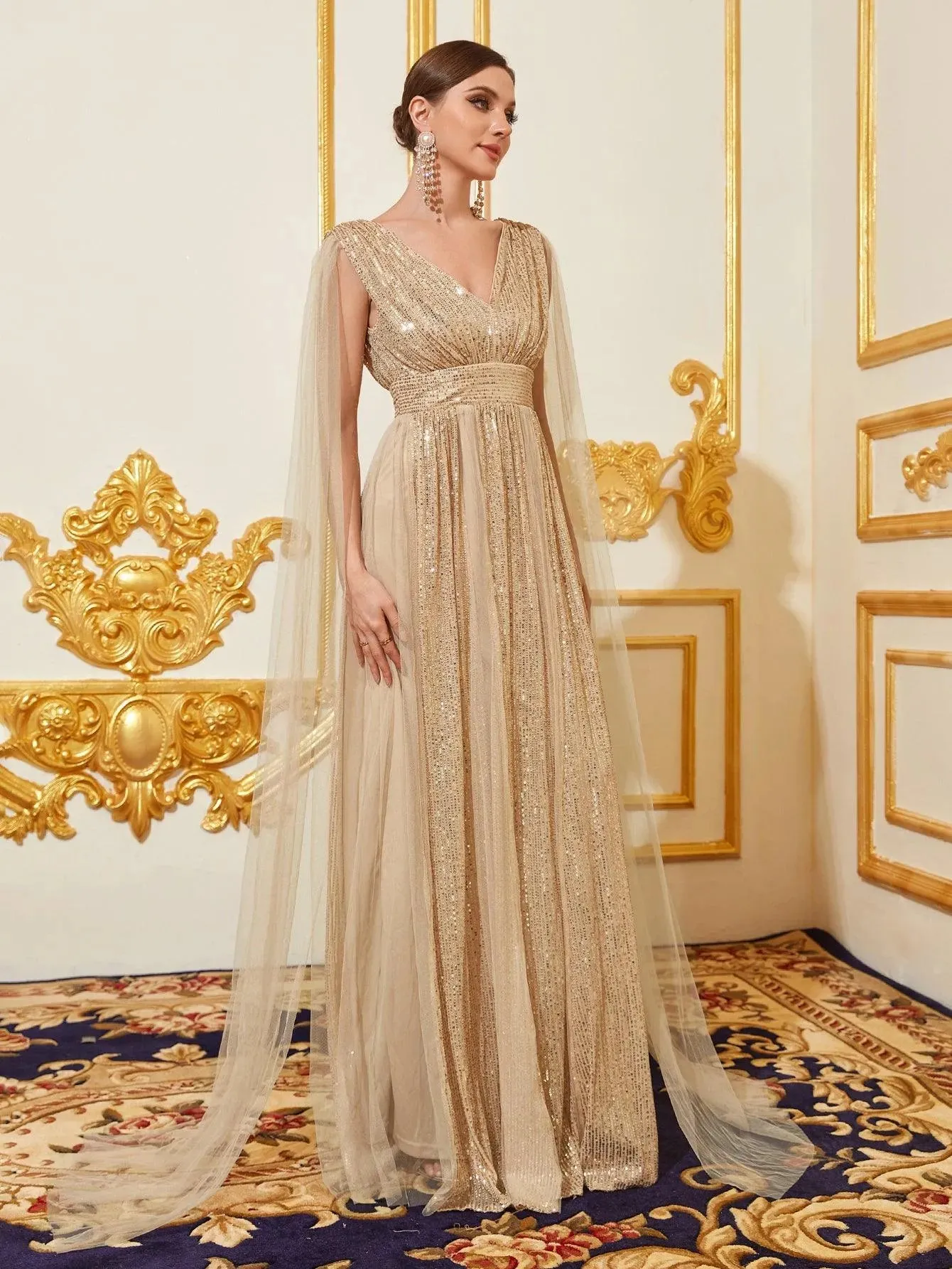 Contrast Mesh Sequin A Line Dresses