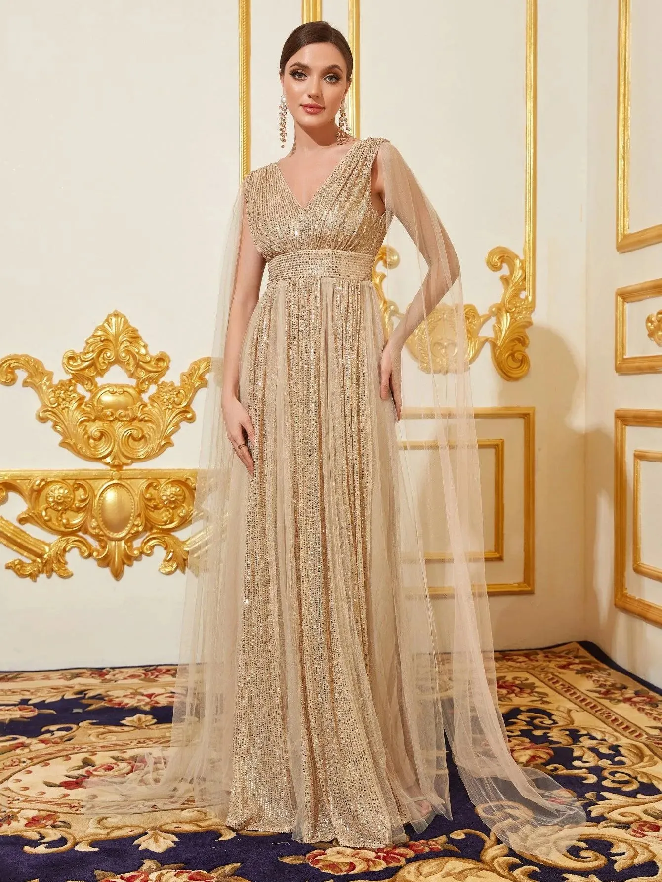 Contrast Mesh Sequin A Line Dresses