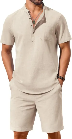 COOFANDY Men's 2 Piece Cotton Linen Sets Summer Beach Outfits Casual Short Sleeve Henley Shirts and Vacation Shorts