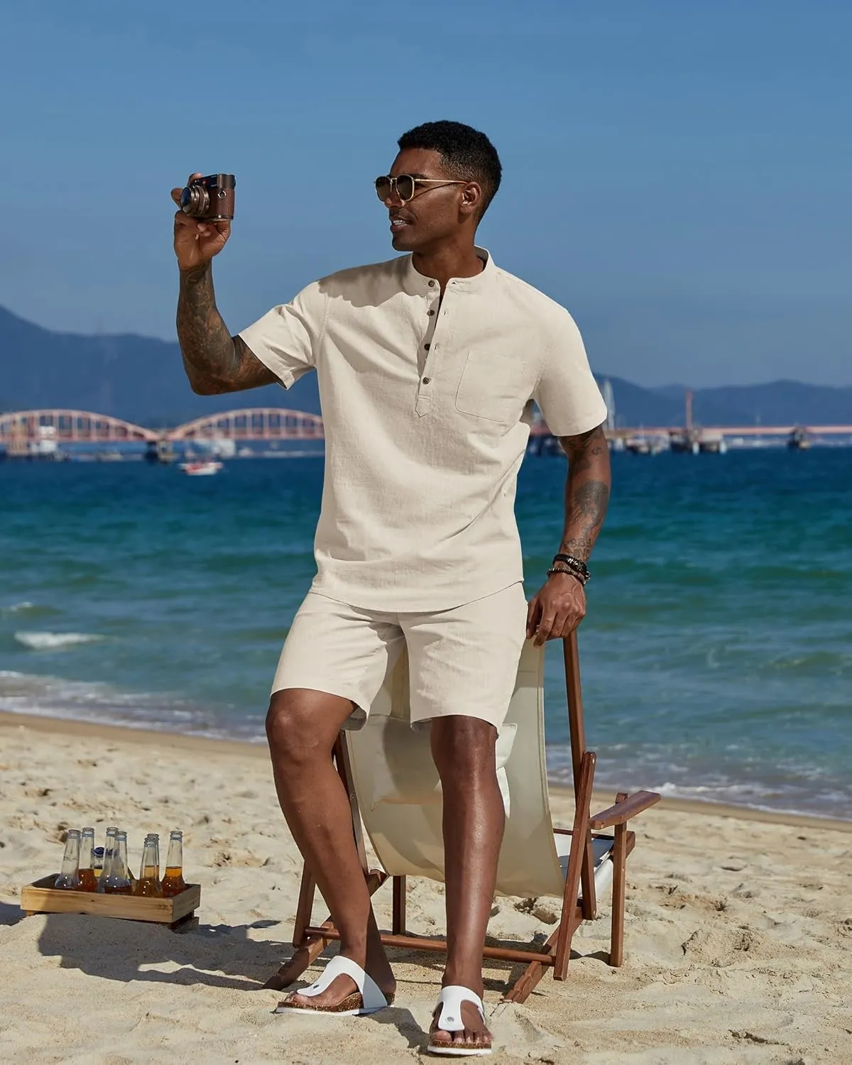 COOFANDY Men's 2 Piece Cotton Linen Sets Summer Beach Outfits Casual Short Sleeve Henley Shirts and Vacation Shorts