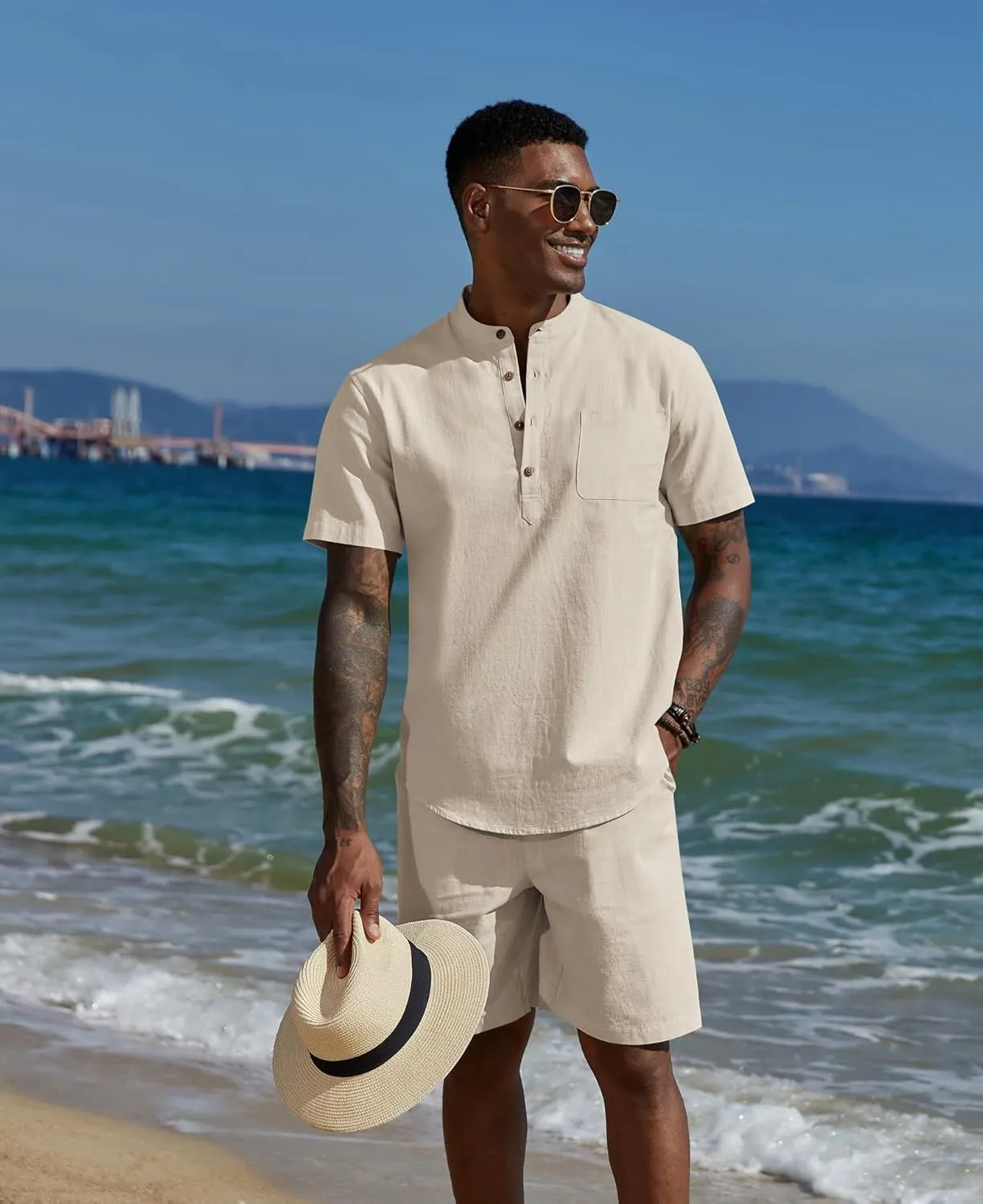 COOFANDY Men's 2 Piece Cotton Linen Sets Summer Beach Outfits Casual Short Sleeve Henley Shirts and Vacation Shorts