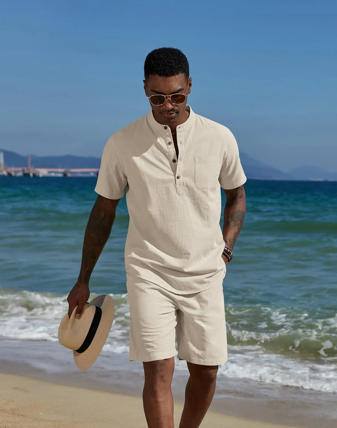 COOFANDY Men's 2 Piece Cotton Linen Sets Summer Beach Outfits Casual Short Sleeve Henley Shirts and Vacation Shorts