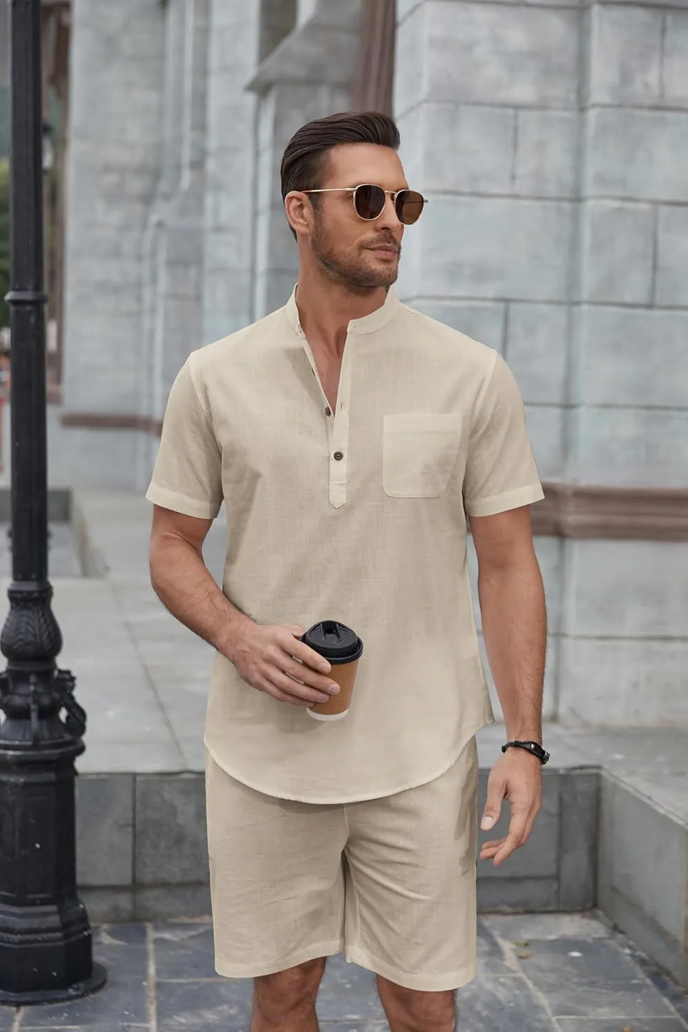 COOFANDY Men's 2 Piece Cotton Linen Sets Summer Beach Outfits Casual Short Sleeve Henley Shirts and Vacation Shorts