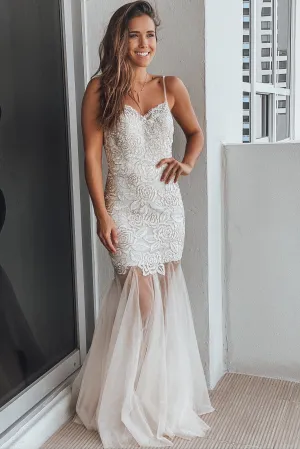 Cream Tulle Maxi Dress with Floral Embroidery