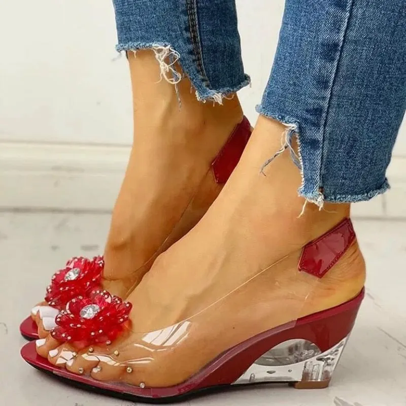 Ladies Summer Rhinestone Decorated Flower Design Jelly Wedge Sandals