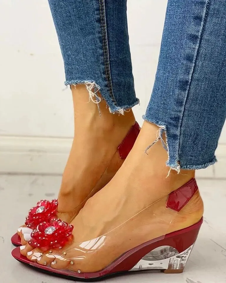 Ladies Summer Rhinestone Decorated Flower Design Jelly Wedge Sandals