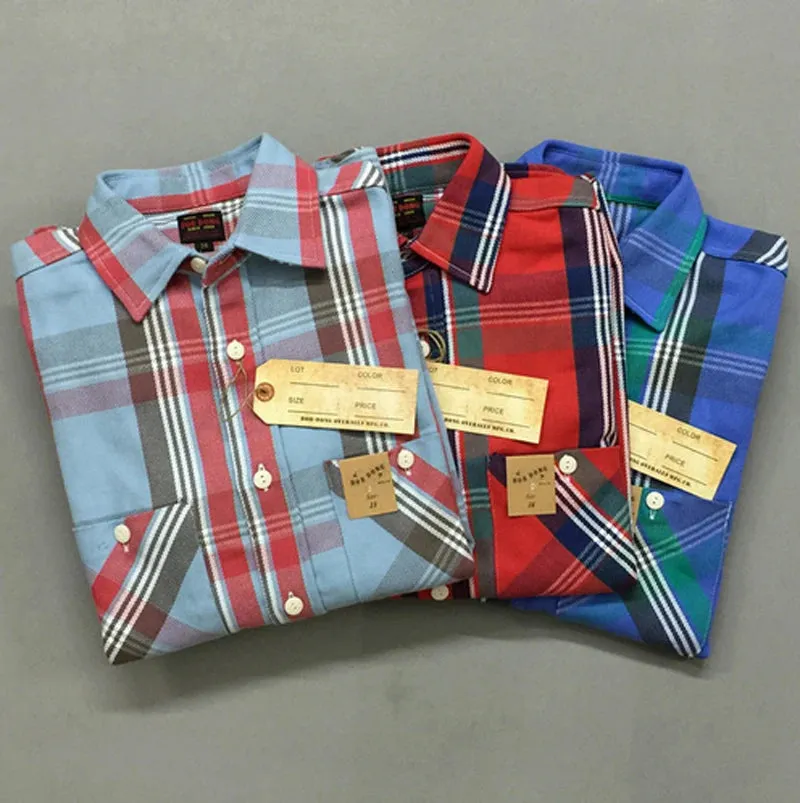 Men's Plaid Work Shirts with Selvage Long Sleeve - Check Cotton