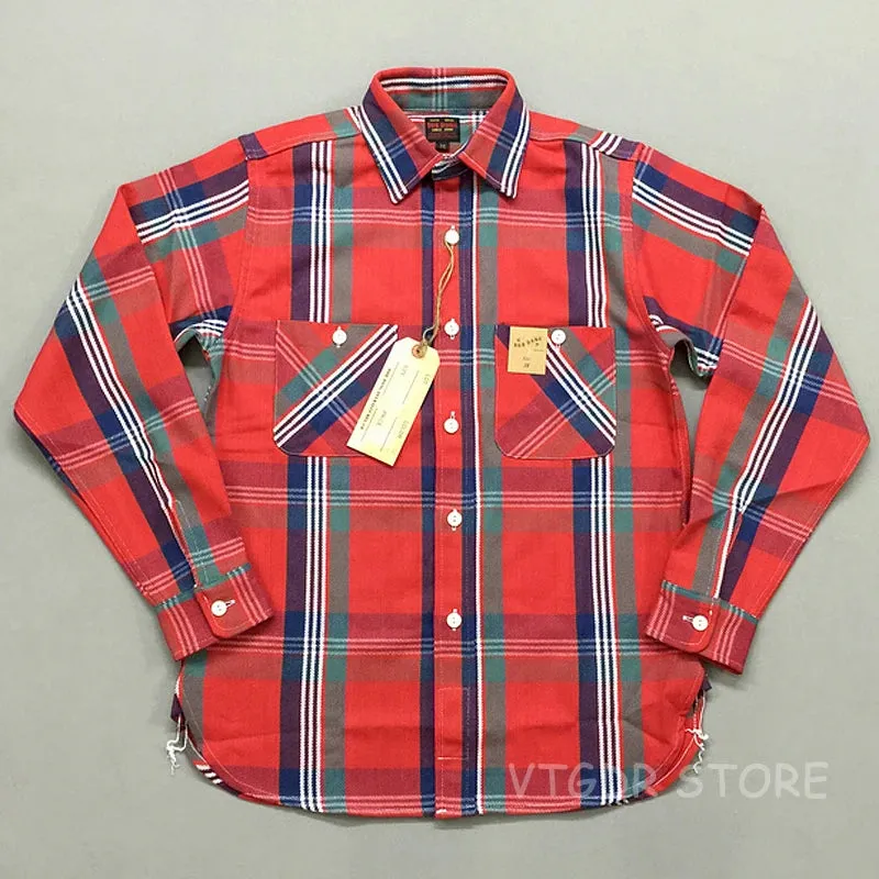 Men's Plaid Work Shirts with Selvage Long Sleeve - Check Cotton