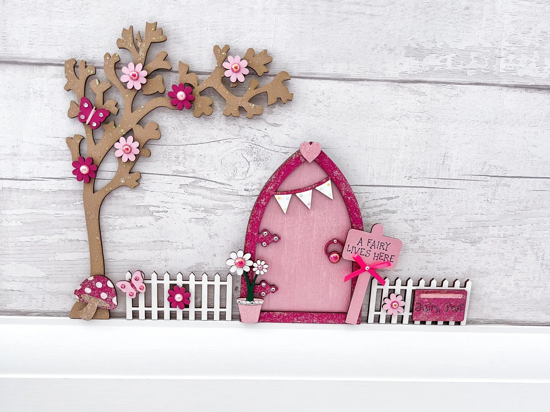 Pink Fairy Door With Blossom Tree & Fencing Set