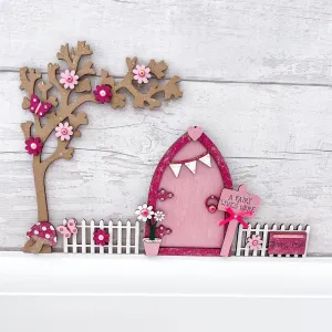 Pink Fairy Door With Blossom Tree & Fencing Set
