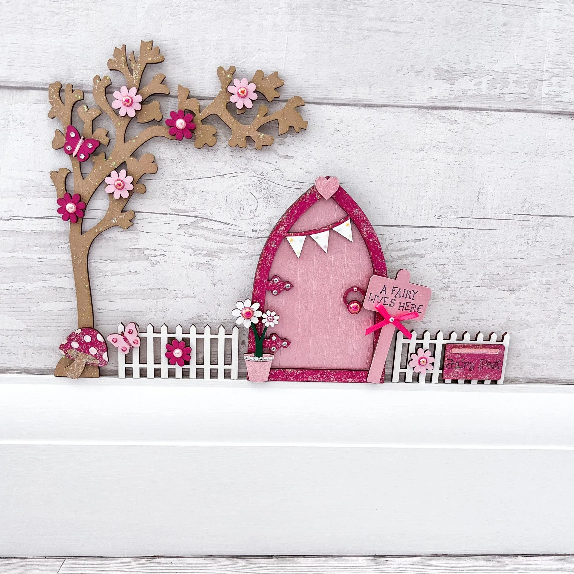 Pink Fairy Door With Blossom Tree & Fencing Set