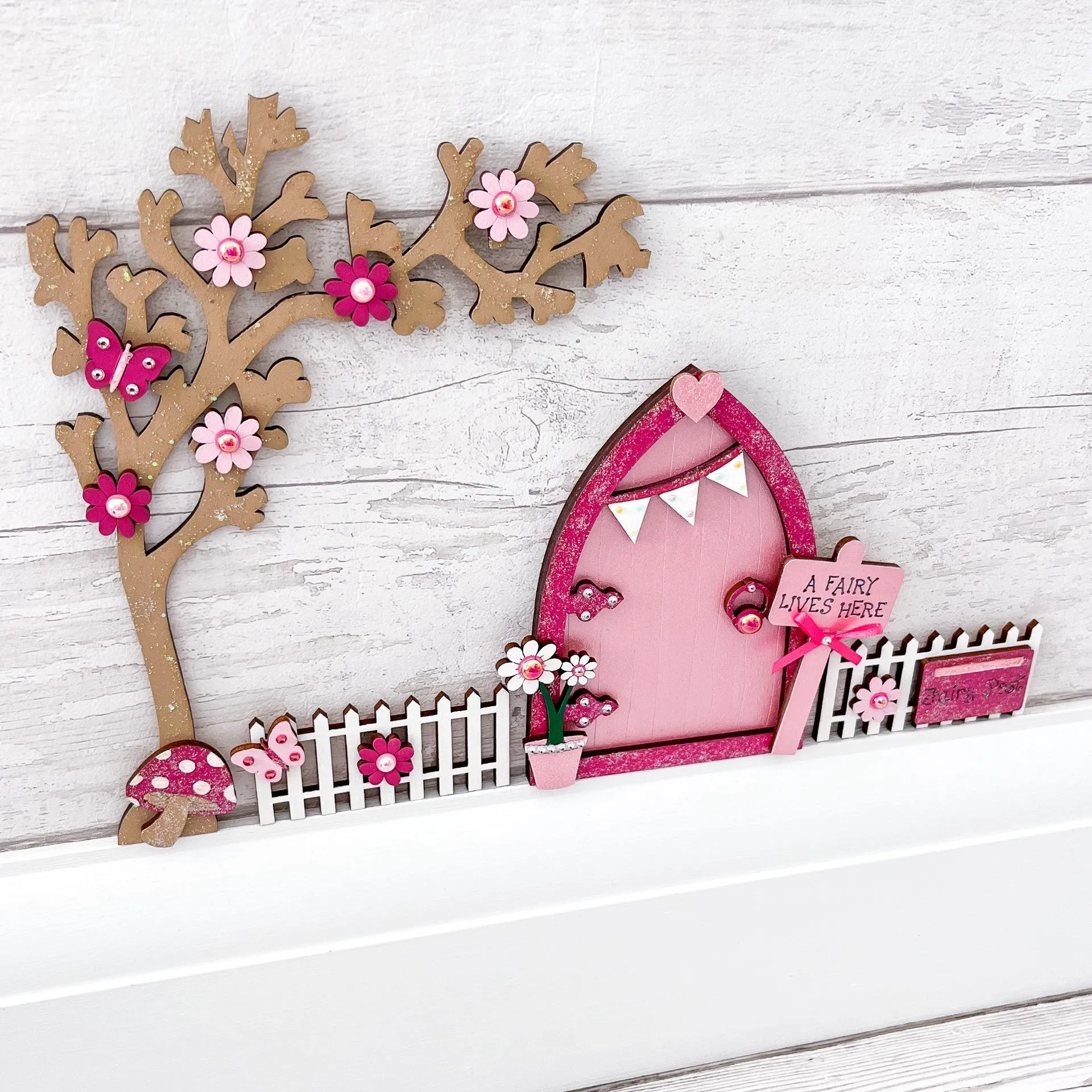 Pink Fairy Door With Blossom Tree & Fencing Set