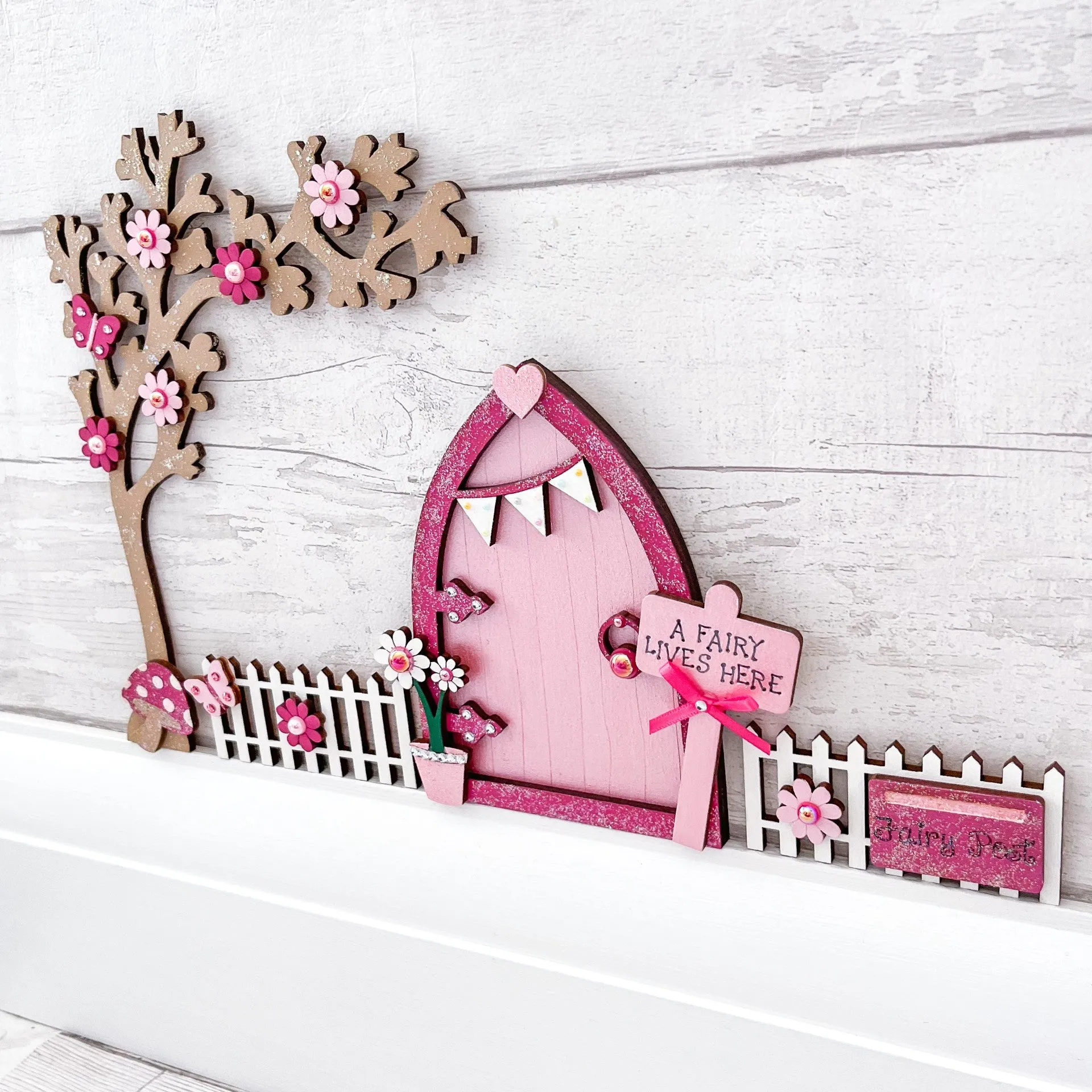 Pink Fairy Door With Blossom Tree & Fencing Set