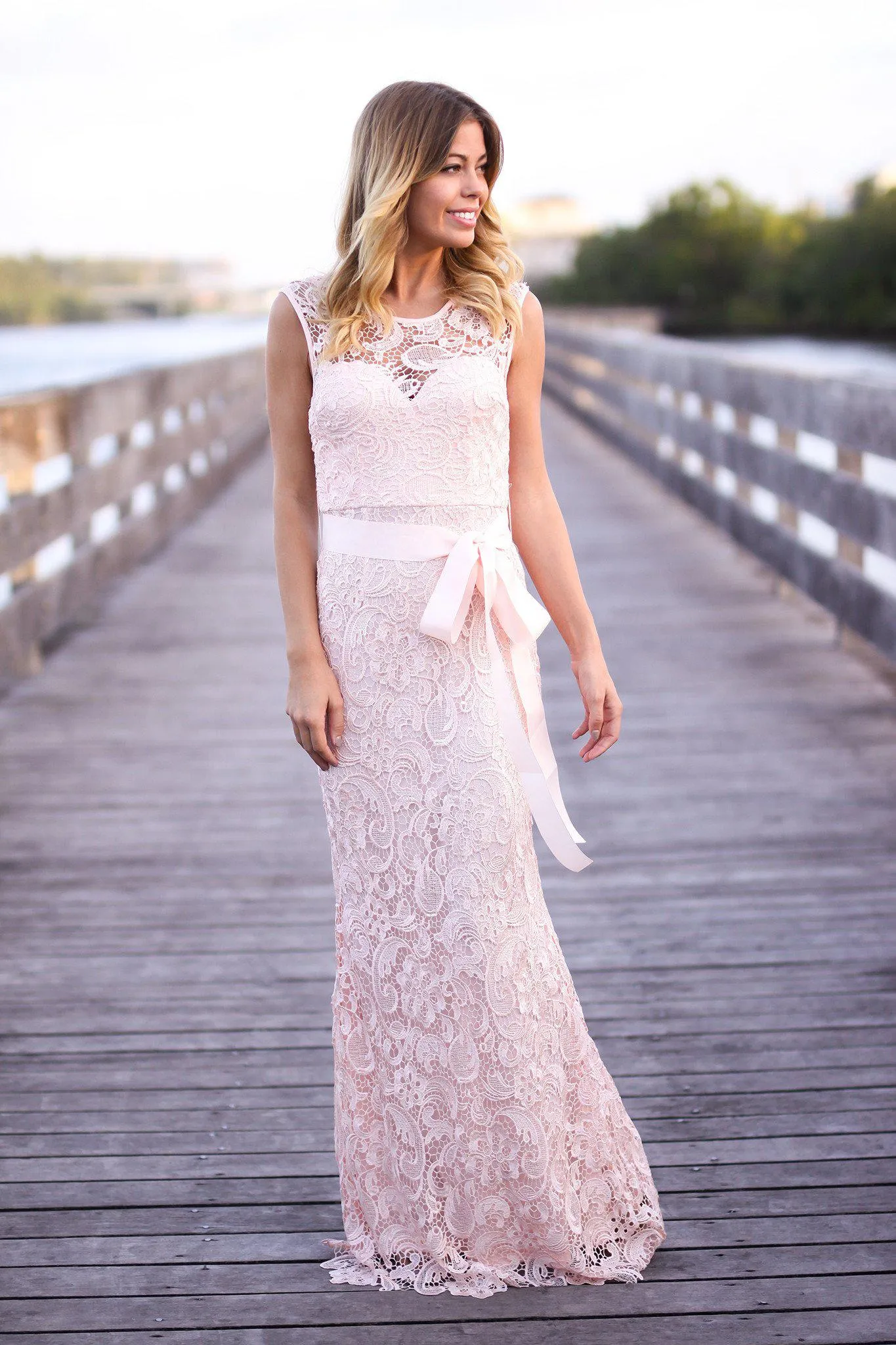 Pink Lace Maxi Dress with Bow