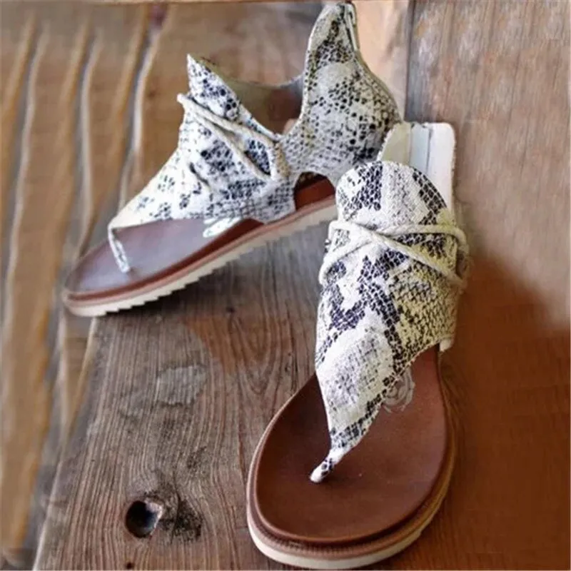 Summer Casual Retro Animal Print Design Clip Toe Flat Sandals