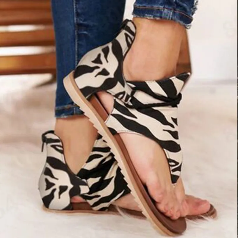 Summer Casual Retro Animal Print Design Clip Toe Flat Sandals