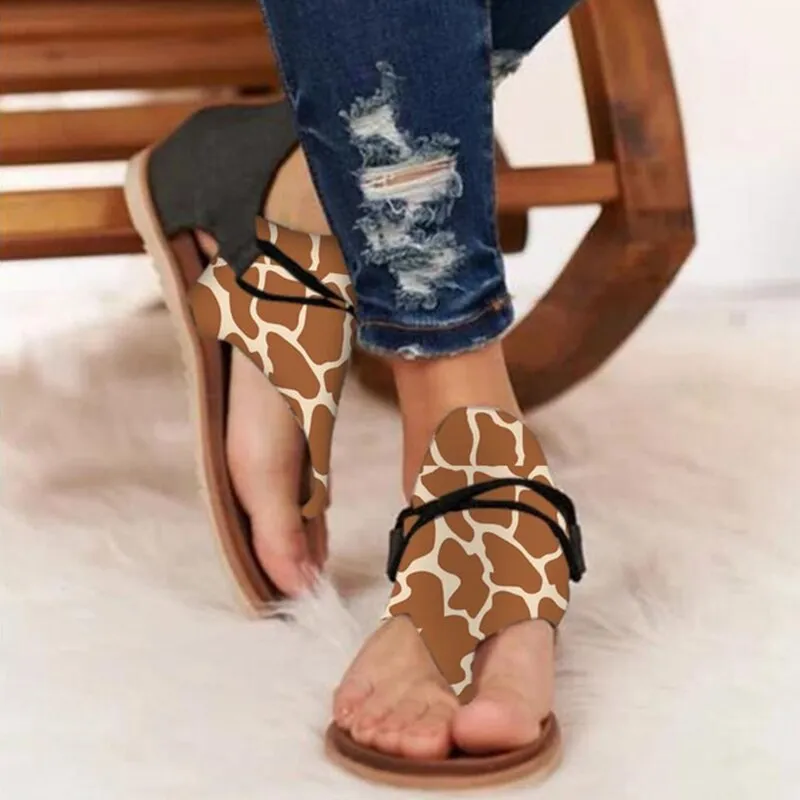 Summer Casual Retro Animal Print Design Clip Toe Flat Sandals