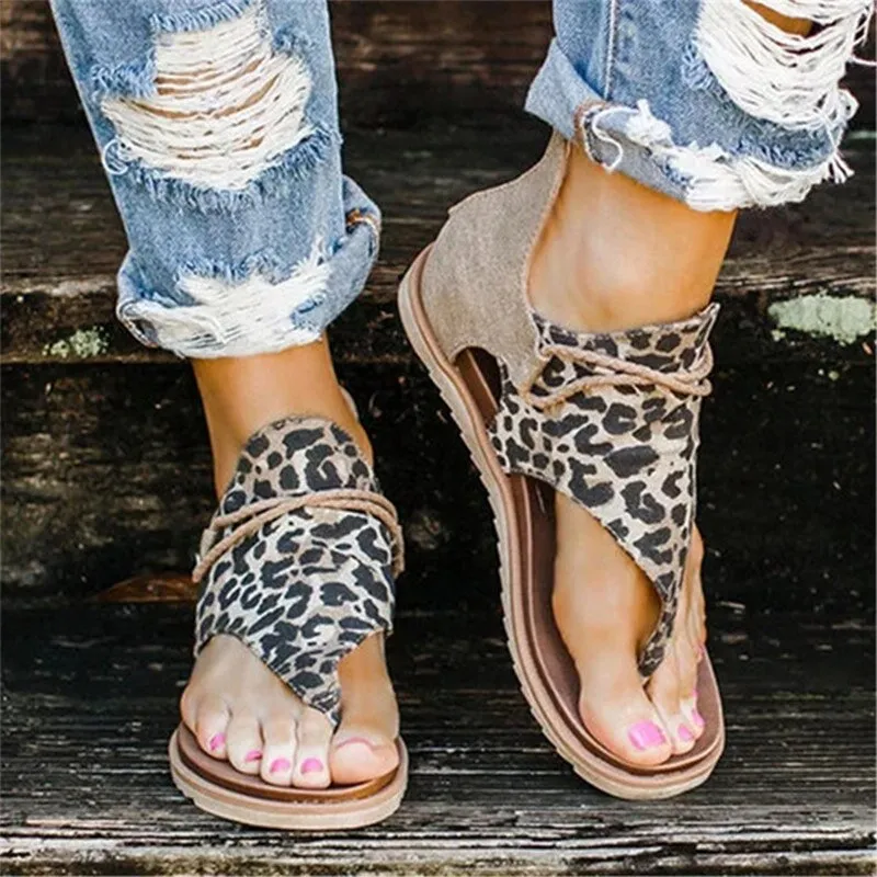 Summer Casual Retro Animal Print Design Clip Toe Flat Sandals