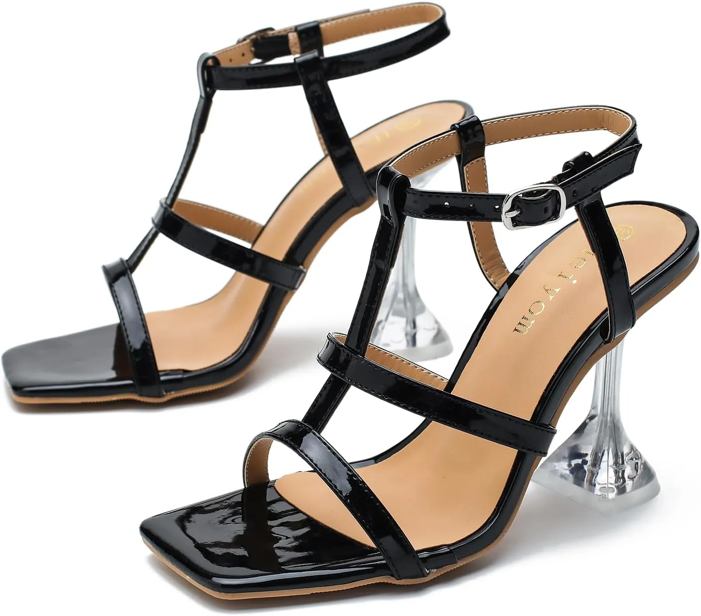 Women's Clear High Heeled Sandals Sexy Kitten Heels Square Toe Ankle Strap Wedding Dress Party Shoes