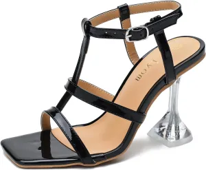 Women's Clear High Heeled Sandals Sexy Kitten Heels Square Toe Ankle Strap Wedding Dress Party Shoes