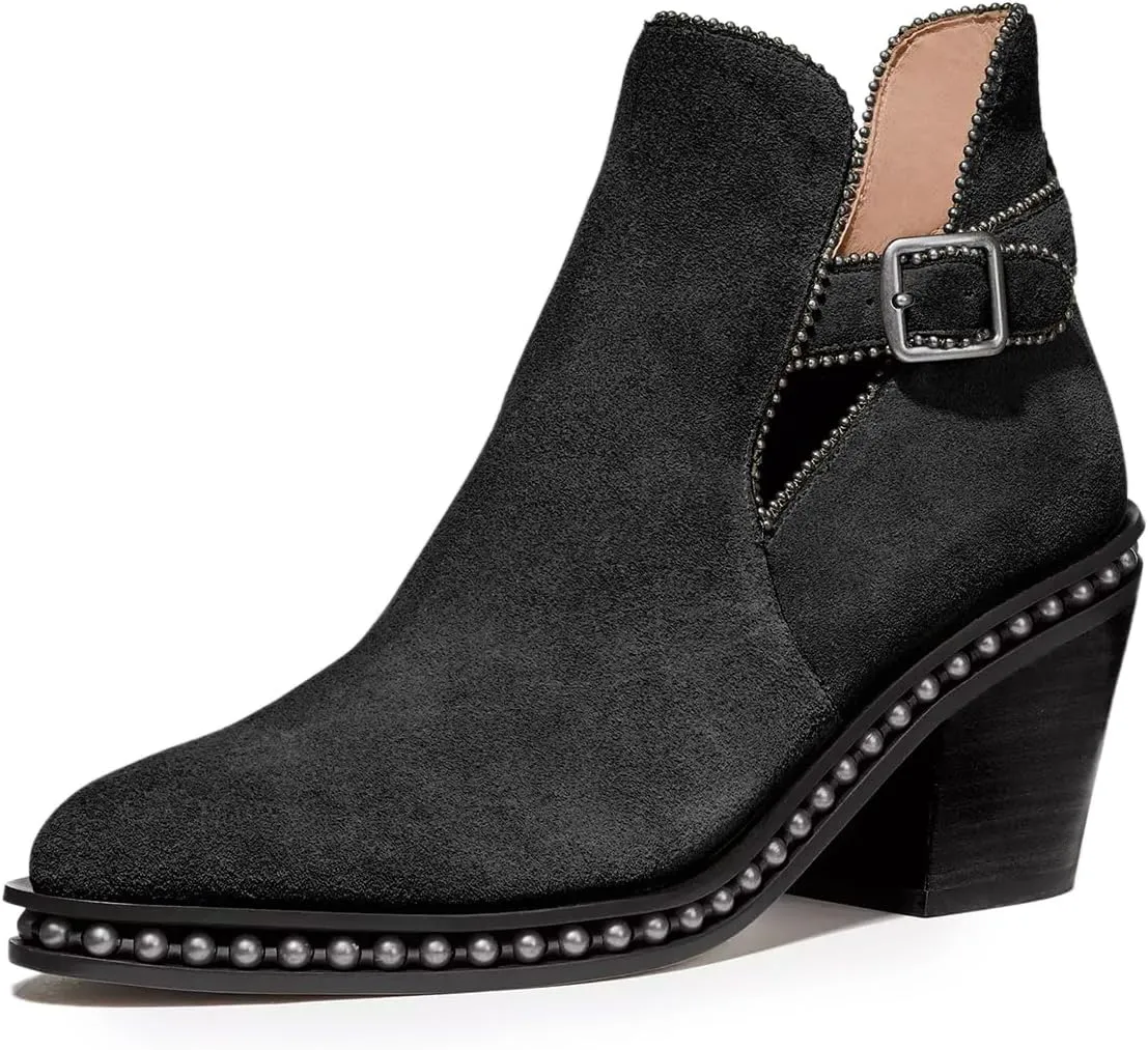 YDN Women Studded Mid Chunky Heeled Ankle Booties Pumps Closed Almond Toe Buckle Strap Short Combat Boot Size 4-15 US