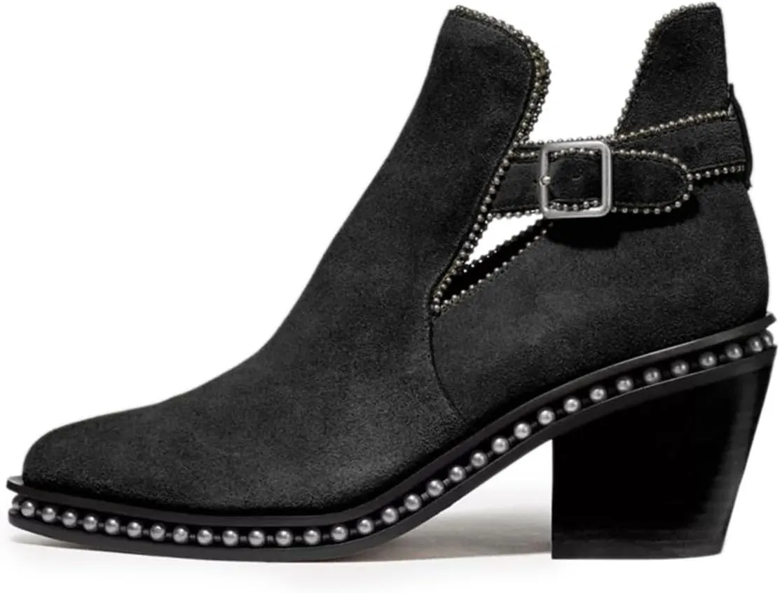 YDN Women Studded Mid Chunky Heeled Ankle Booties Pumps Closed Almond Toe Buckle Strap Short Combat Boot Size 4-15 US