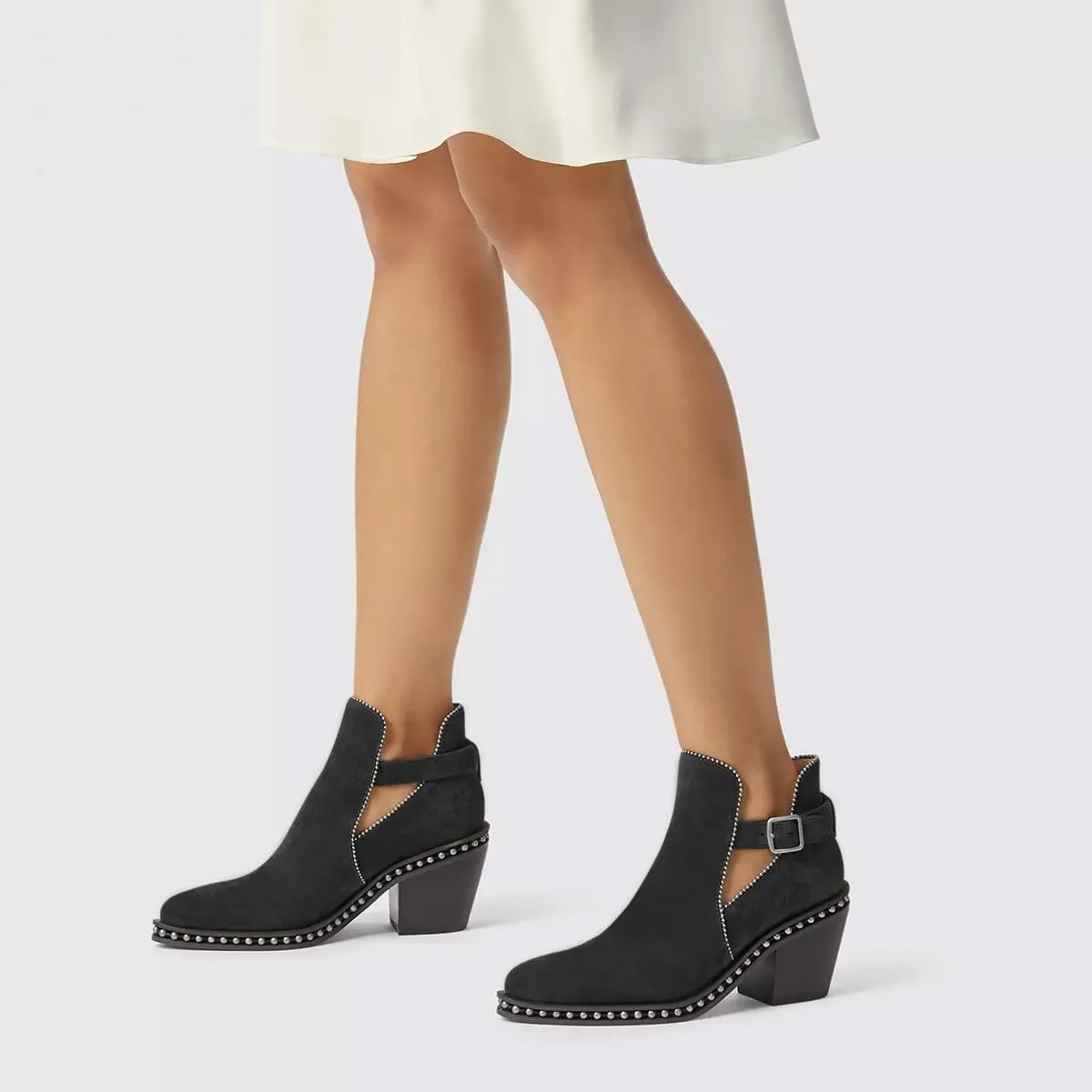 YDN Women Studded Mid Chunky Heeled Ankle Booties Pumps Closed Almond Toe Buckle Strap Short Combat Boot Size 4-15 US
