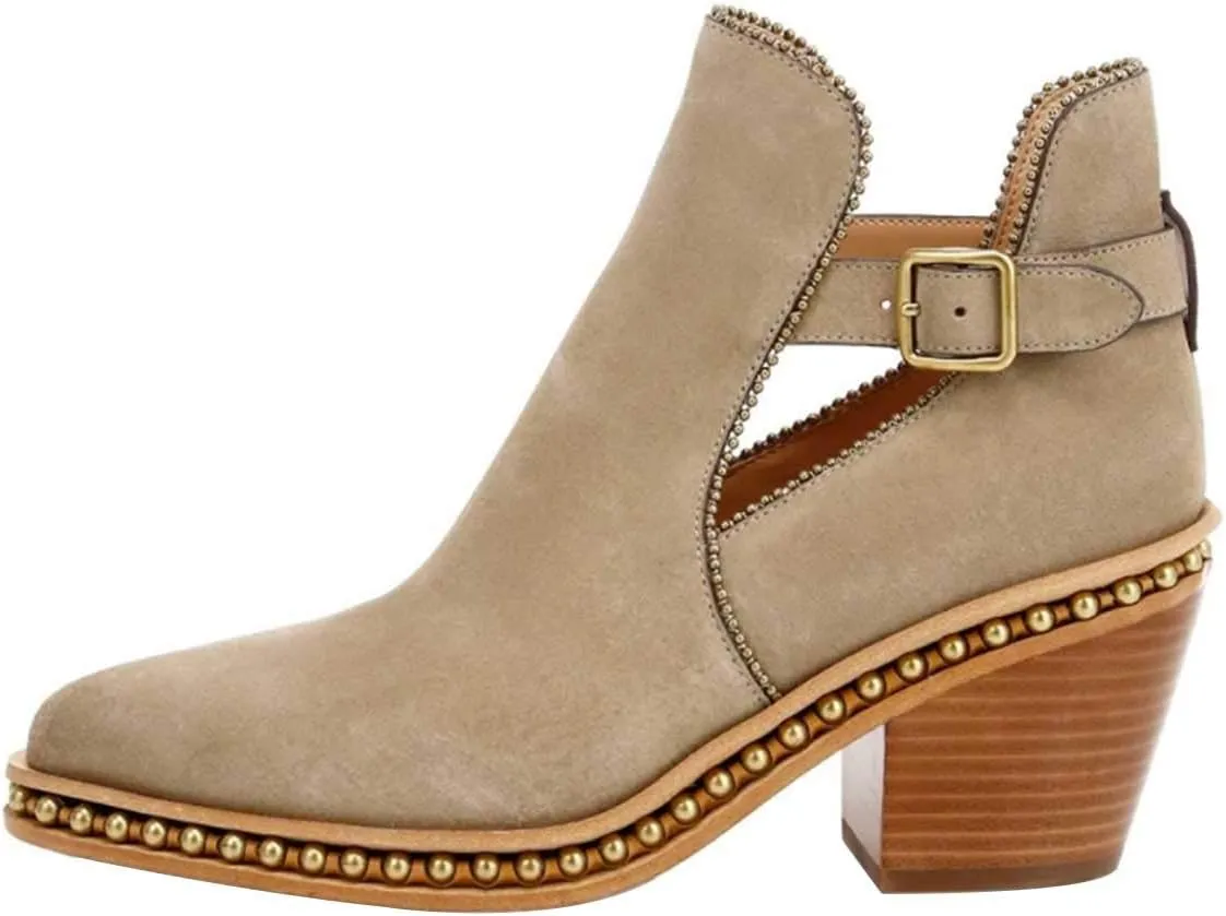 YDN Women Studded Mid Chunky Heeled Ankle Booties Pumps Closed Almond Toe Buckle Strap Short Combat Boot Size 4-15 US