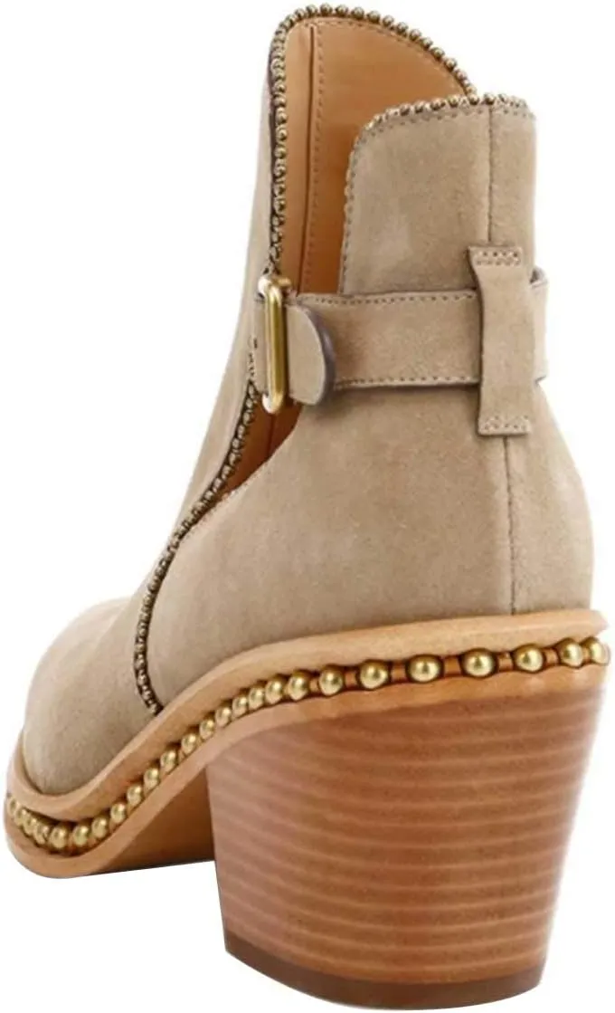 YDN Women Studded Mid Chunky Heeled Ankle Booties Pumps Closed Almond Toe Buckle Strap Short Combat Boot Size 4-15 US