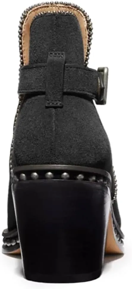 YDN Women Studded Mid Chunky Heeled Ankle Booties Pumps Closed Almond Toe Buckle Strap Short Combat Boot Size 4-15 US